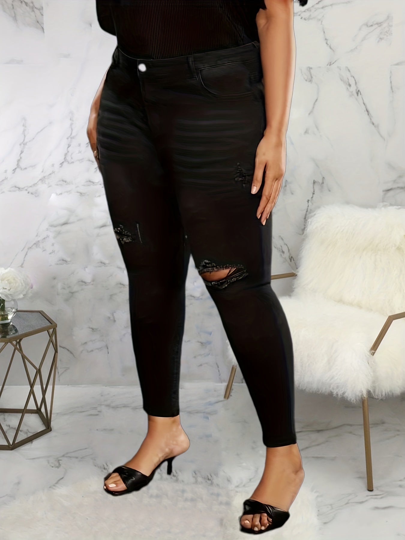 High Stretch Skinny Jeans Washed Ripped Button Fly