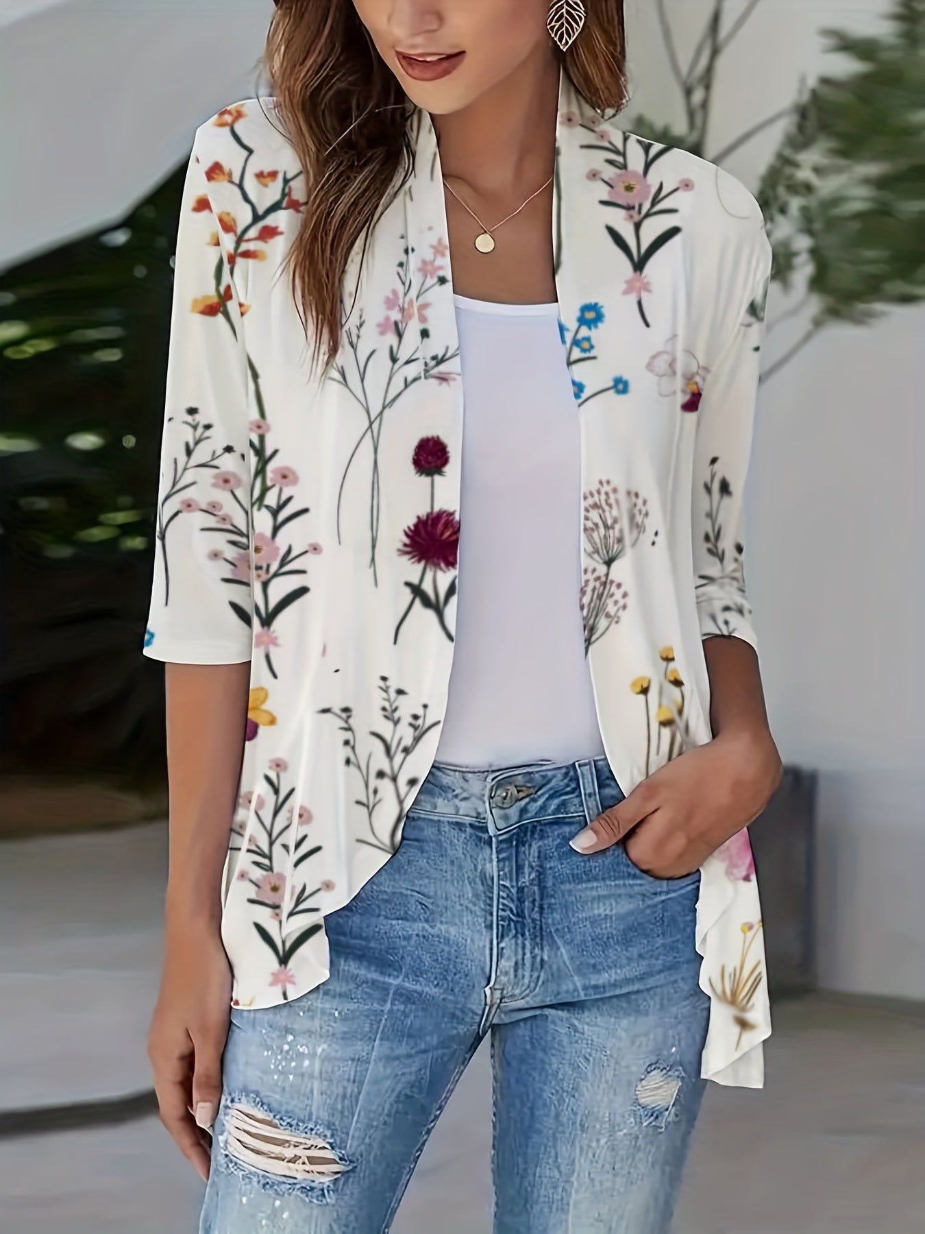 Floral Print Open Front Ruffle Cardigan 3/4 Sleeve Casual Cardigan