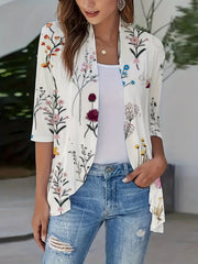 Floral Print Open Front Ruffle Cardigan 3/4 Sleeve Casual Cardigan