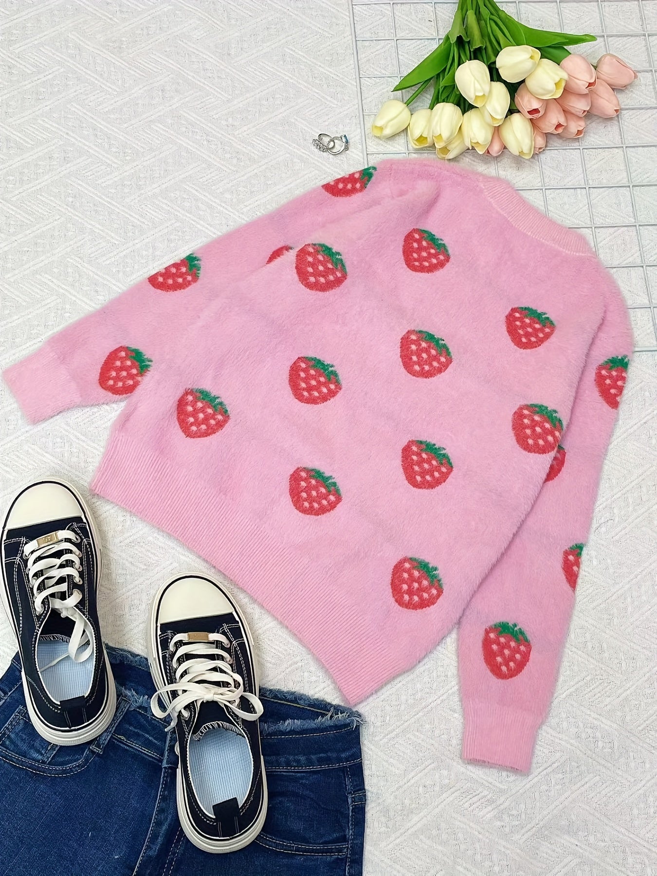 Girls Strawberry Fruit Pattern Sweater Long Sleeve