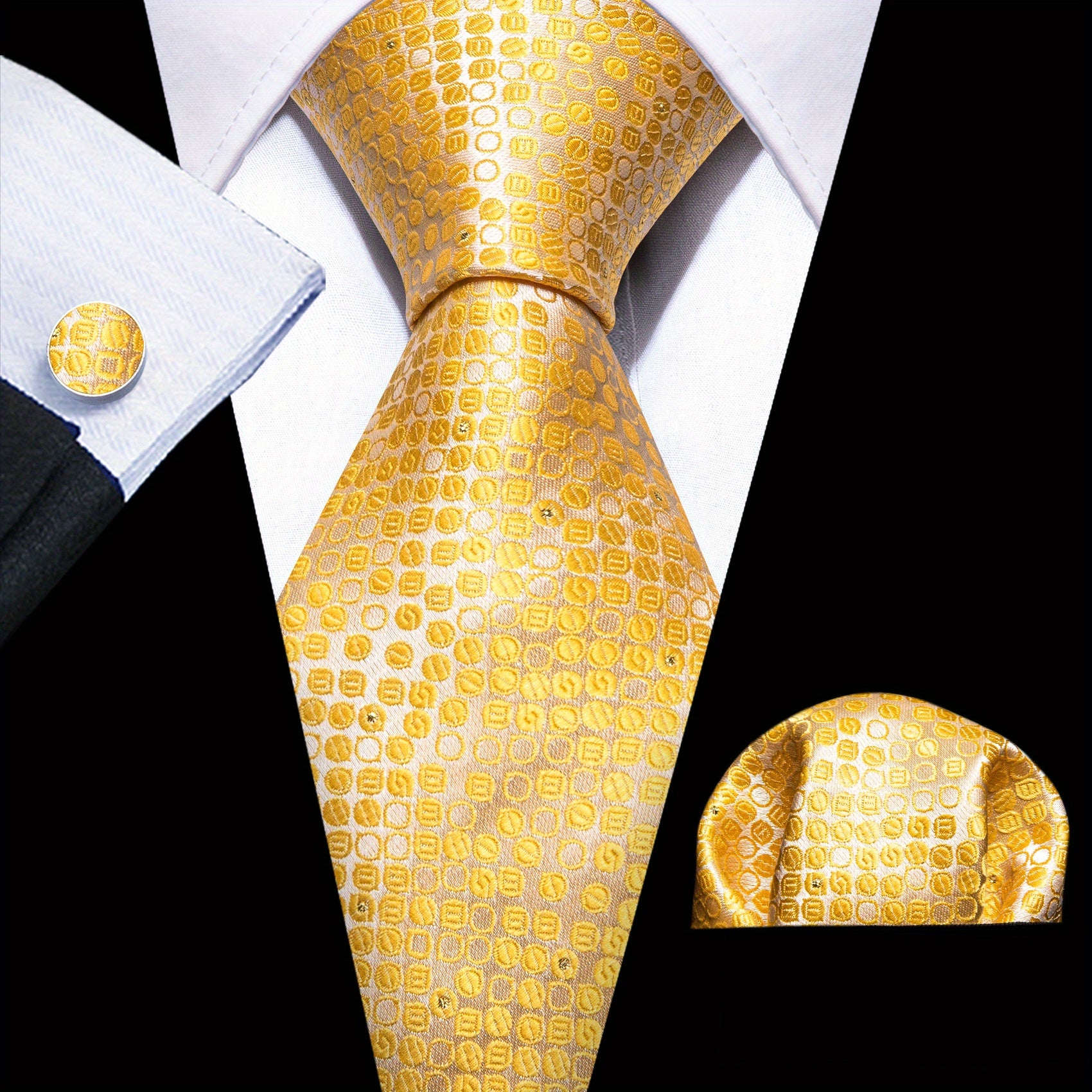 Barry Wang Men's Necktie Cufflinks Square Scarf Set Silk Plaid Pattern