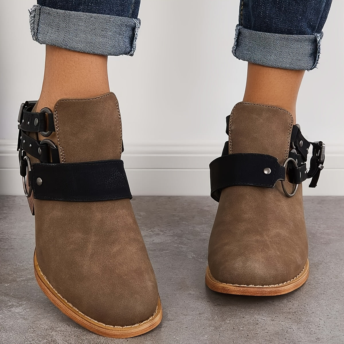 Women's Chunky Heel Ankle Boots with Metal Buckle Decor