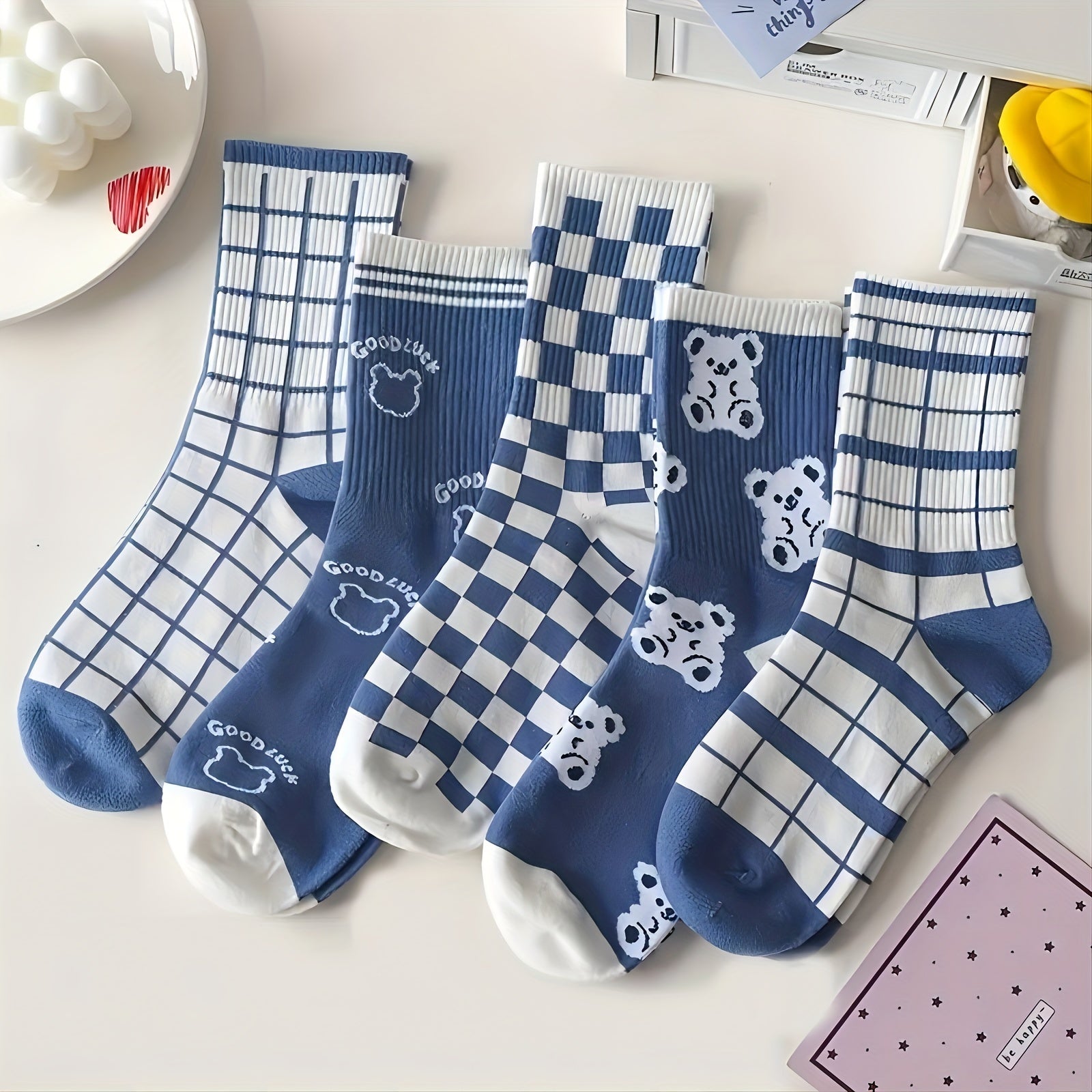 5 Pairs Bear & Plaid Print Socks Mid Tube Women's Stockings