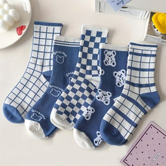 5 Pairs Bear & Plaid Print Socks Mid Tube Women's Stockings