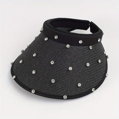 Straw Sun Hat with Faux Pearl Decor Wide Brim UV Protection