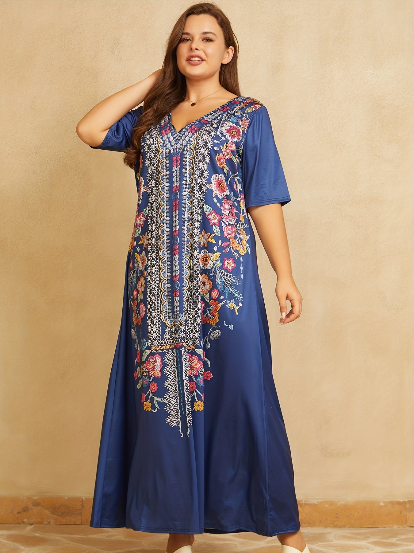 Boho Dress Women's Plus Border Floral Print V Neck Maxi Dress