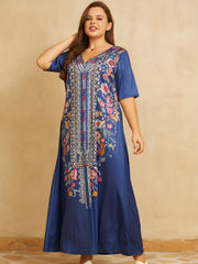 Boho Dress Women's Plus Border Floral Print V Neck Maxi Dress
