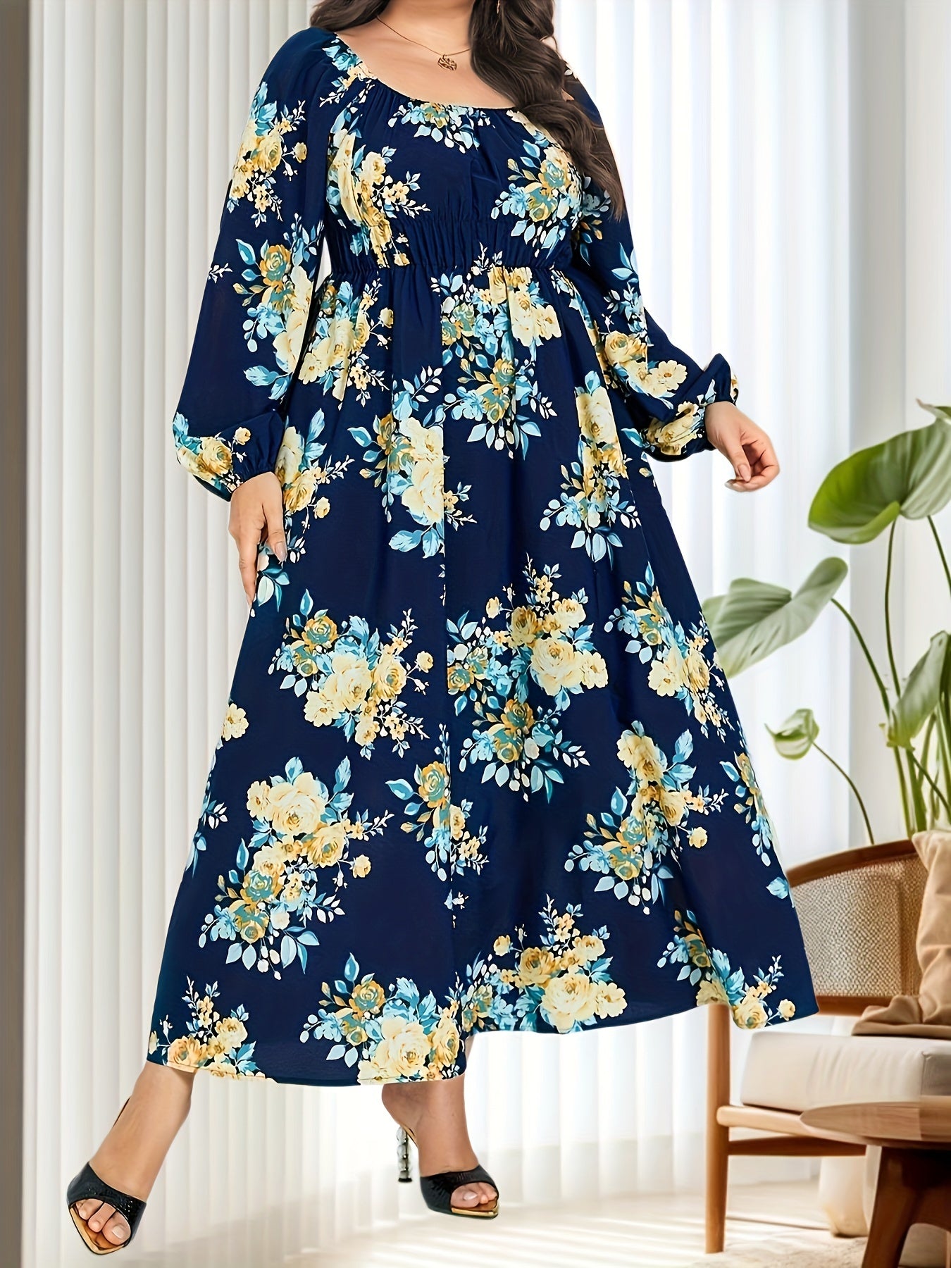 Floral Lantern Sleeve Maxi Dress Nipped Waist