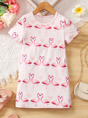 Girls Flamingo Graphic T-shirt Dress for Summer