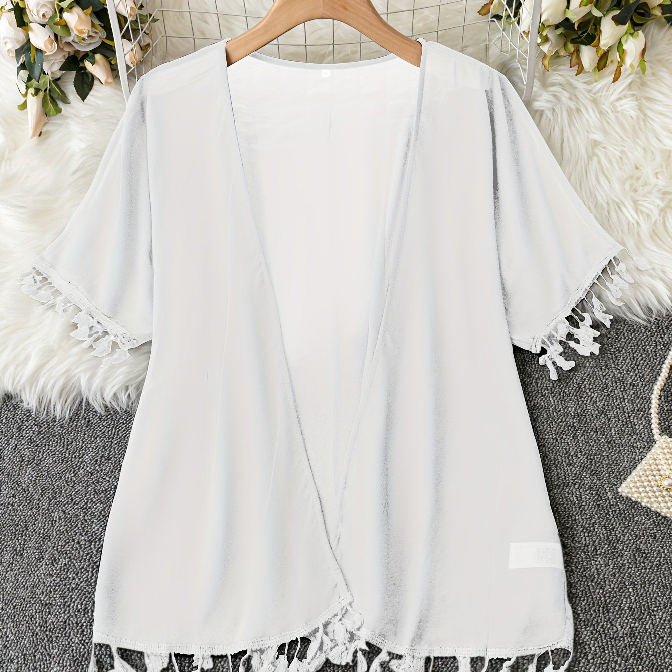 Casual Kimono Solid Short Sleeve Open Front Tassel Trim L