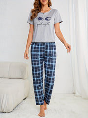 Letter Print Pajamas Set Short Sleeve Top & Plaid Pants