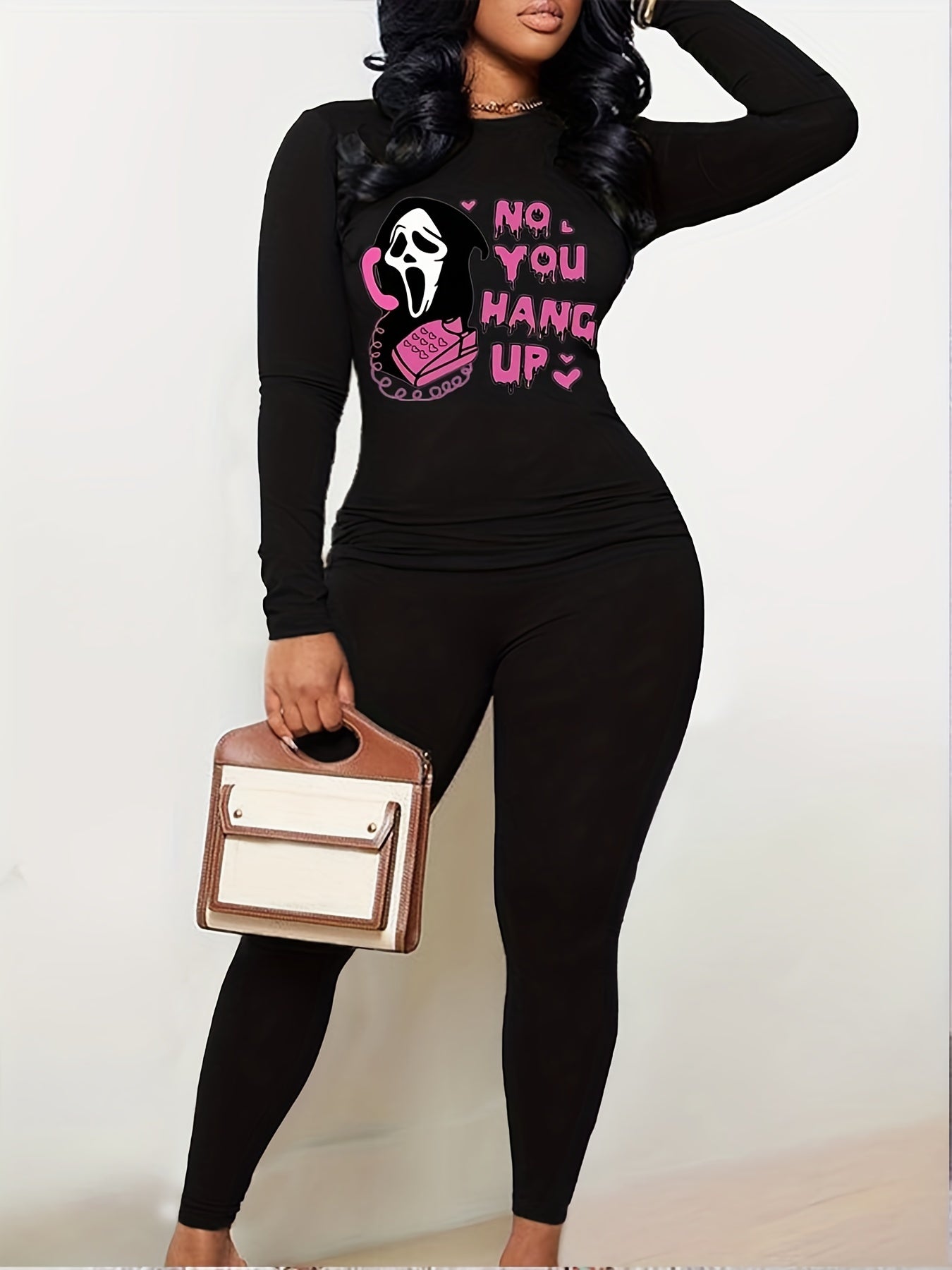 Letter Print Matching Set Long Sleeve T-shirt & Leggings Outfit