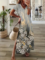 Floral Print V Neck Dress with Side Split