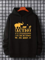 Men's Caution Print Hoodie Casual Stretch Hooded Sweatshirt