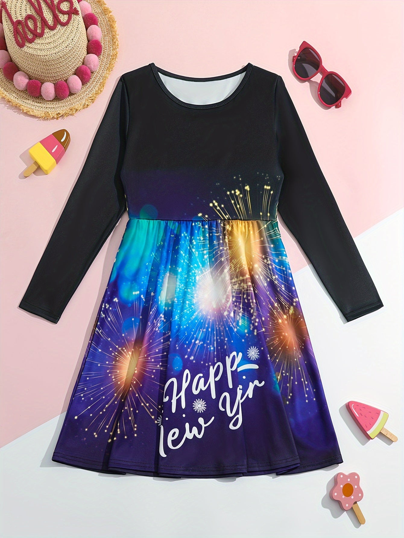 Girls Casual Firework Graphic Long Sleeve Dress