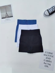 3pcs High Waist Yoga Shorts Rib Knit Plain Butt Lifting Tummy Control Sporty Sho