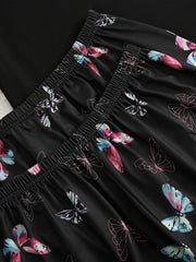 Butterfly Print Pajamas Set Short Sleeve Top & Shorts/Pants Women's Sleepwear