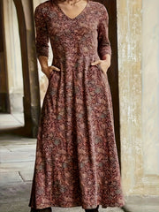 Allover Print Long Sleeve V Neck Maxi Dress