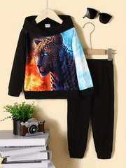 Leopard Graphic Boy's 2pcs Hoodie & Sweatpants Set Digital Pattern