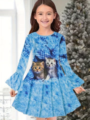 Girls Kitty Graphic Flare Long Sleeve Dress Cartoon Animal Print Dress