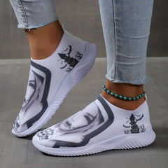 Skull Print Low Top Sneakers Lightweight Halloween Shoes