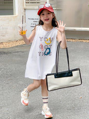 Girls Cartoon Print Cotton Dress Sleeveless Crew Neck for Summer