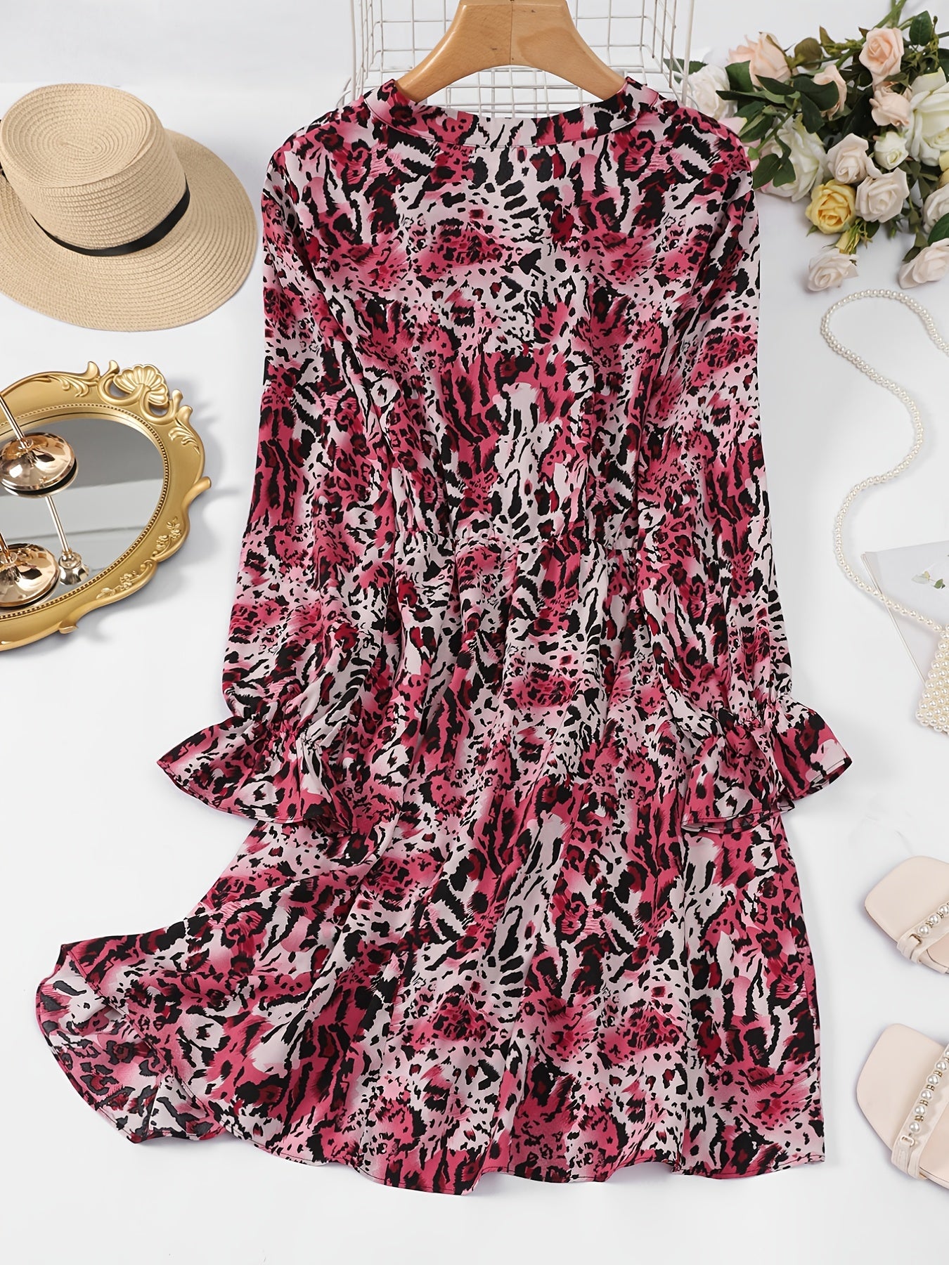 Graphic Print Ruffle Trim Button Up Dress