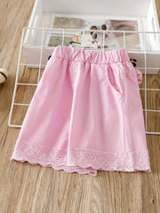 2PCS Toddler Girls Lace Trim Elastic Waist Bow Pocket Casual Shorts
