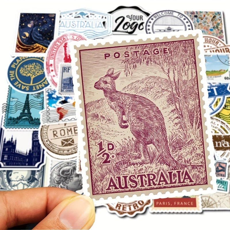 50pcs Retro Travel Stamps Stickers Waterproof Decals