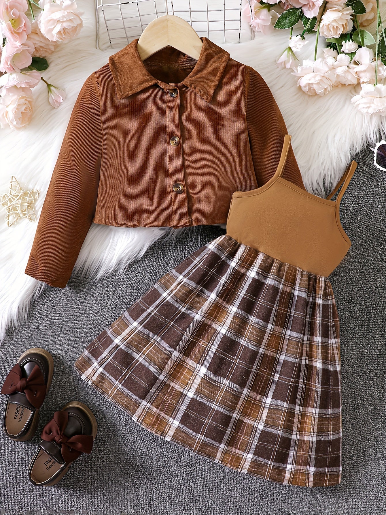 Girl's Plaid Pattern Sundress & Corduroy Jacket Set for Spring Autumn