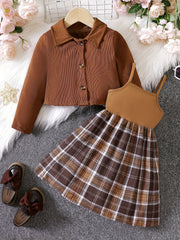 Girl's Plaid Pattern Sundress & Corduroy Jacket Set for Spring Autumn