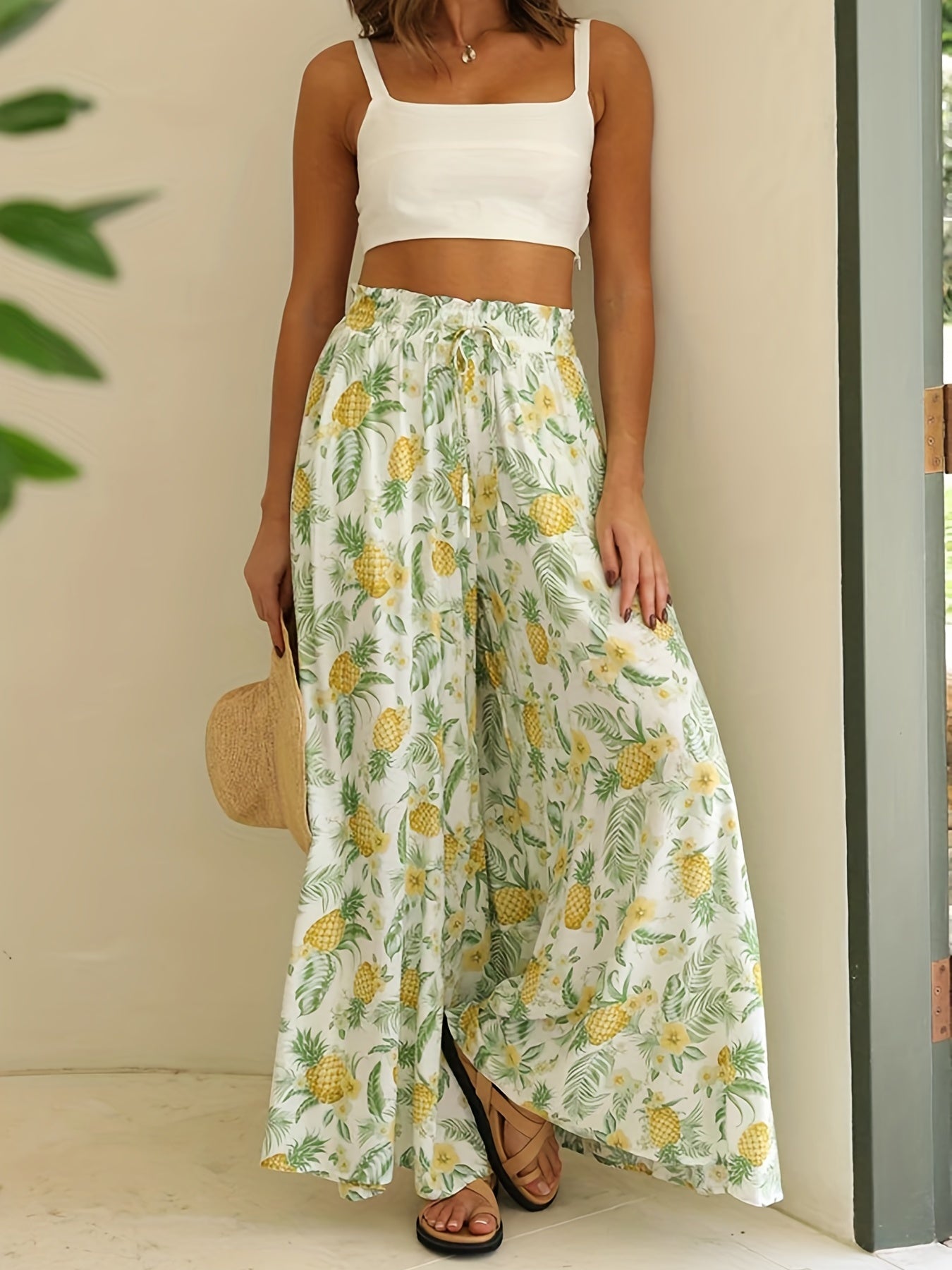 Floral Print Drawstring Palazzo Pants Boho Vacation Elastic Waist Wide Leg Pants