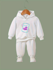 Girls 2pc Cartoon Cards Hooded Sweatshirt & Sweatpants Set