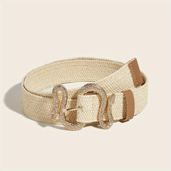 Snake Shape Buckle Straw Belt Beige Handwoven Casual Boho Girdle Elastic Beach