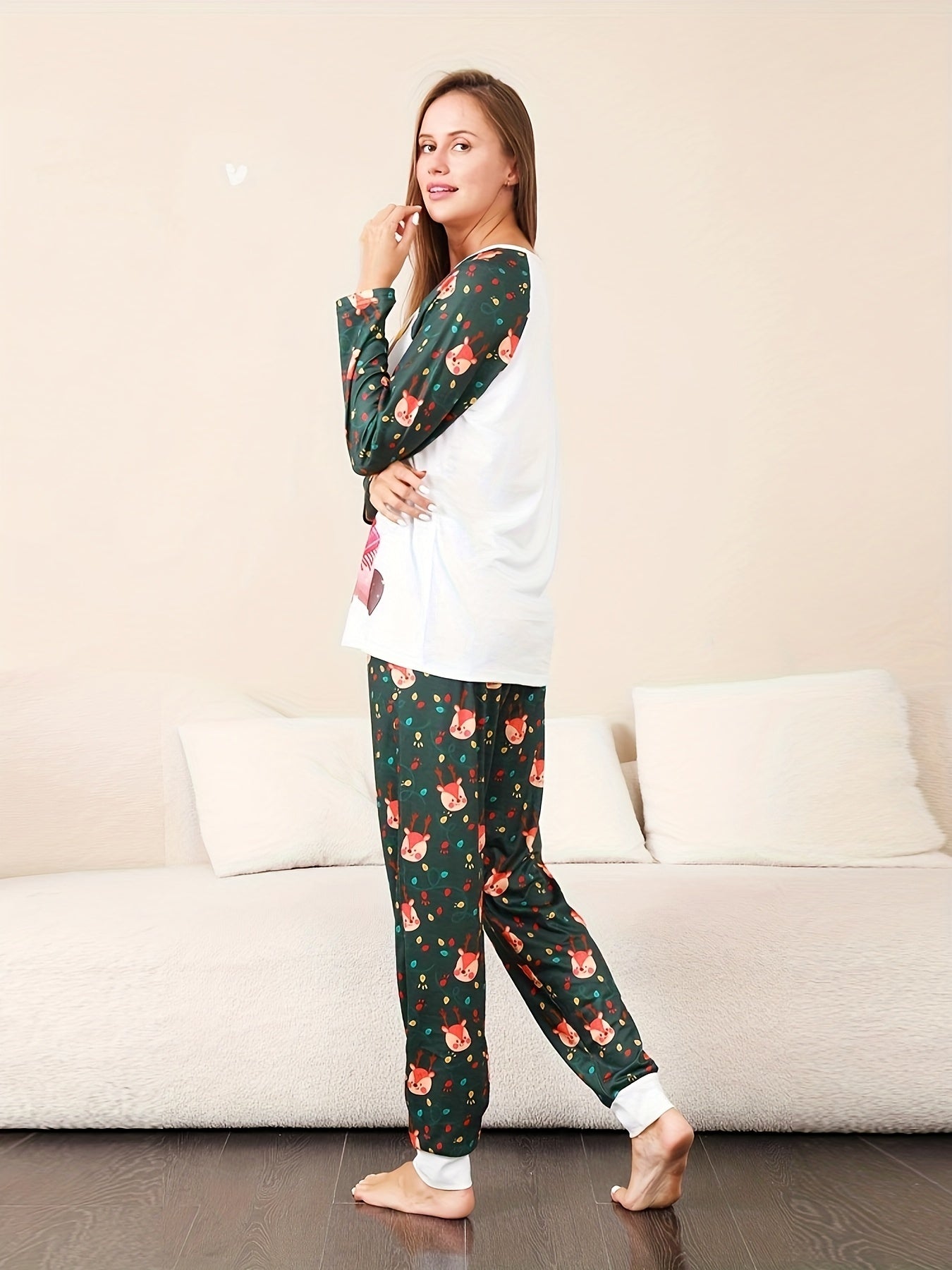 Christmas Elk Print Pajama Set Long Sleeve Top & Pants Women's Sleepwear