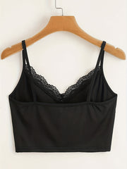 Lace Panel Spaghetti Strap Crop Top Sexy V neck Sleeveless Cami Top