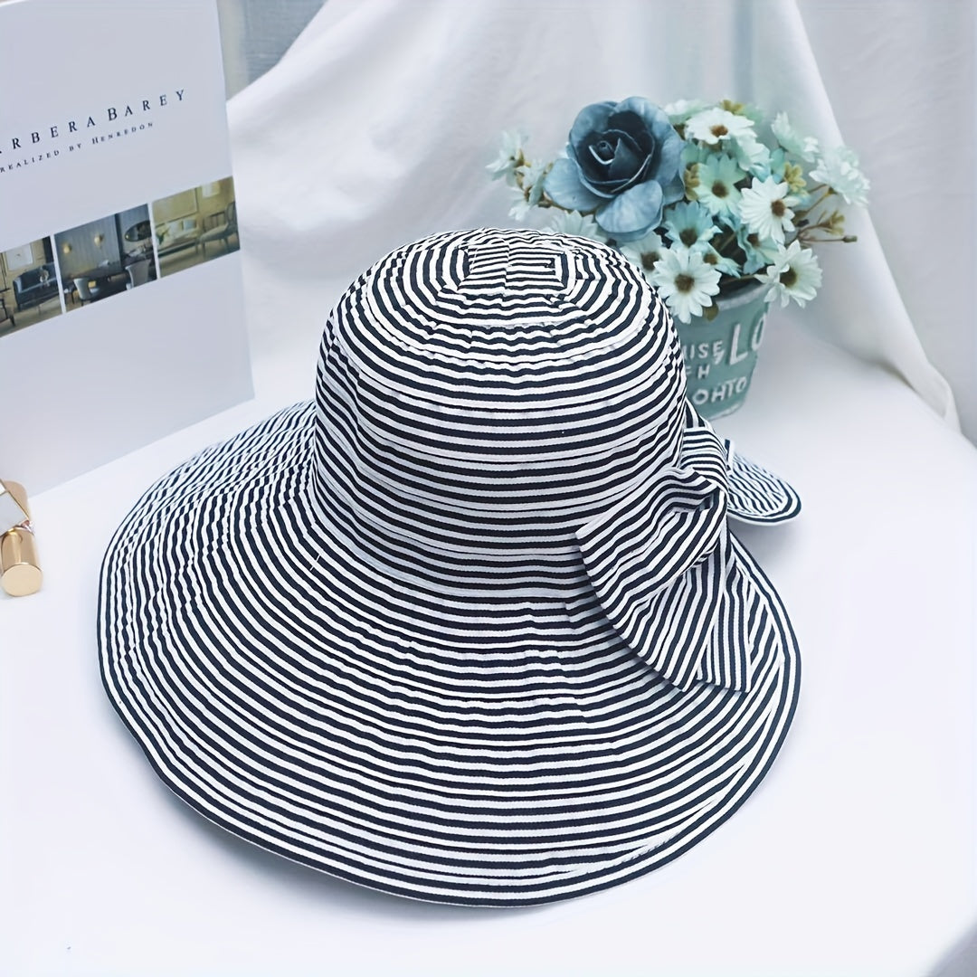Striped Bowknot Sun Hat UV Protection Bucket Hat