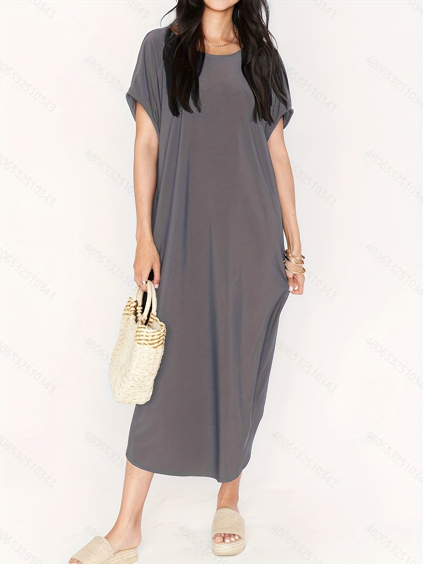 Dark Gray V Neck High Strech Beach Dress Short Sleeve Cover Up Women's Swimwear