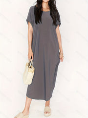 Dark Gray V Neck High Strech Beach Dress Short Sleeve Cover Up Women's Swimwear