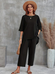 Solid Est Crew Neck 3 4 Sleeve Tops & Wide Leg Pants Outfit Women's Clothing