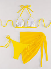 Yellow Bikini Set Halter Neck Tie Back High Cut Swimsuit Cover Up