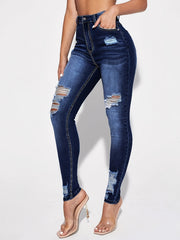 High Rise Ripped Skinny Jeans Distressed Washed Slash Pocket