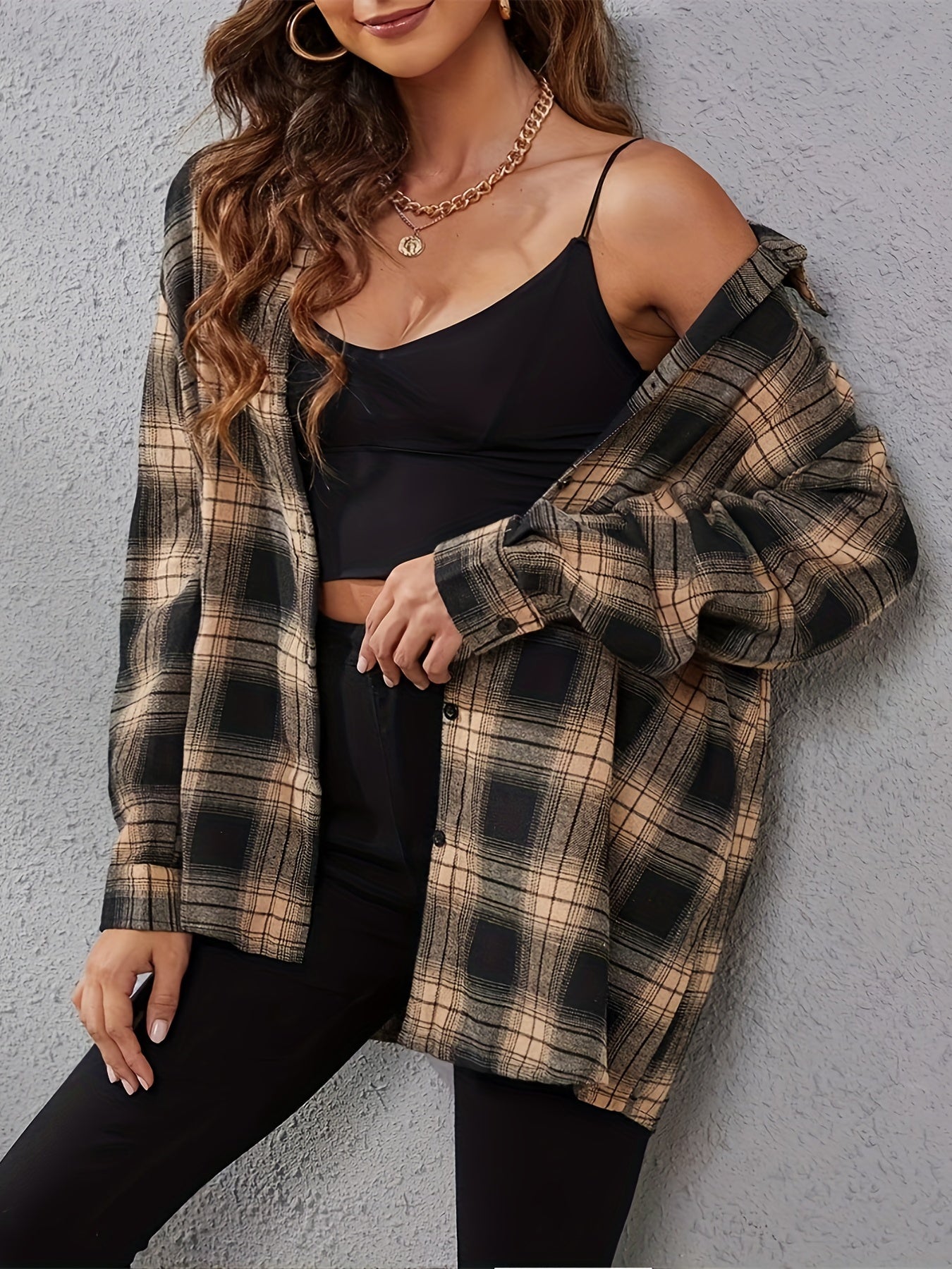 Plaid Print Button Up Long Sleeve Blouse