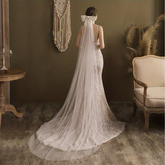 Large Bowknot Long Head Veil With Comb Bridal Wedding Hair Accessories