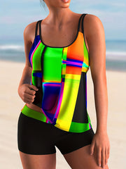 Modest Tankini Set Women's Plus Geo Print Round Neck Cami Top & Shorts