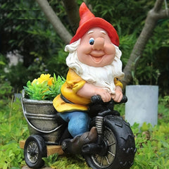 Outdoor Motorcycle Gnome Statue Dwarf Riding Motorcycle Succulent Flower Pot