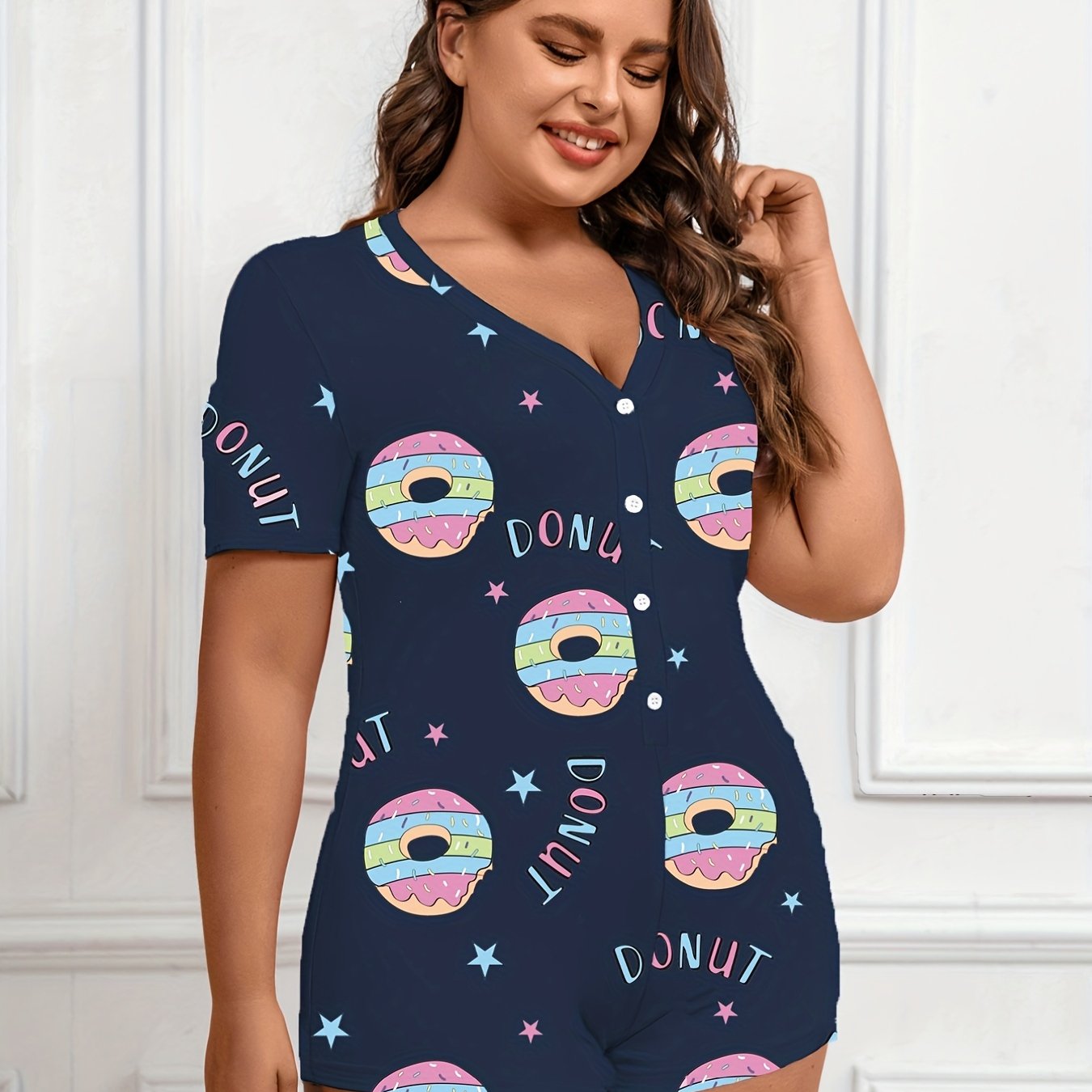 Donut & Letter Print Pajama Romper Short Sleeve V Neck Loungewear