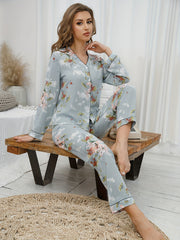 Floral Print Pajama Set Long Sleeve V Neck Top & Elastic Waistband Pants