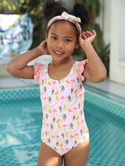 2pcs Toddler Girls Animal One Piece Swimsuit & Headband Set