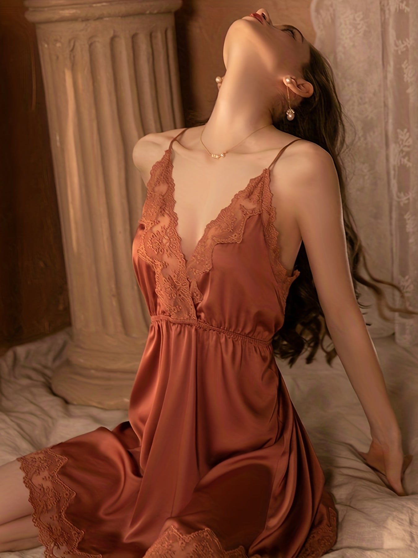 Satin Slip Nightdress Deep V Backless Spaghetti Strap Sleep Dress